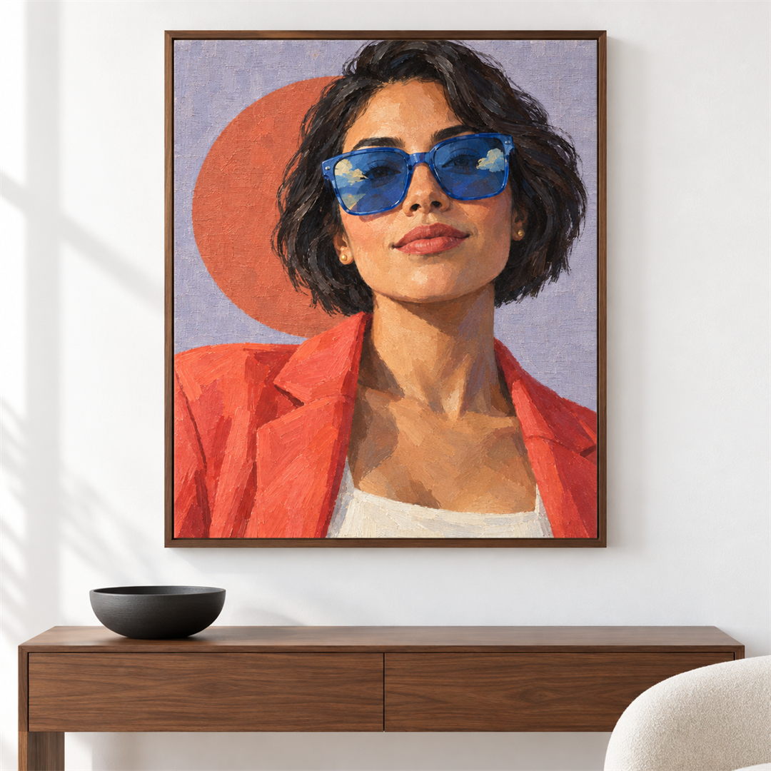 Retrato con gafas azules — el cuadro terminado colgado en la pared