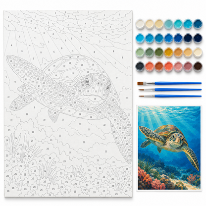 Tortuga marina turquesa — kit con lienzo numerado, pinturas y pinceles