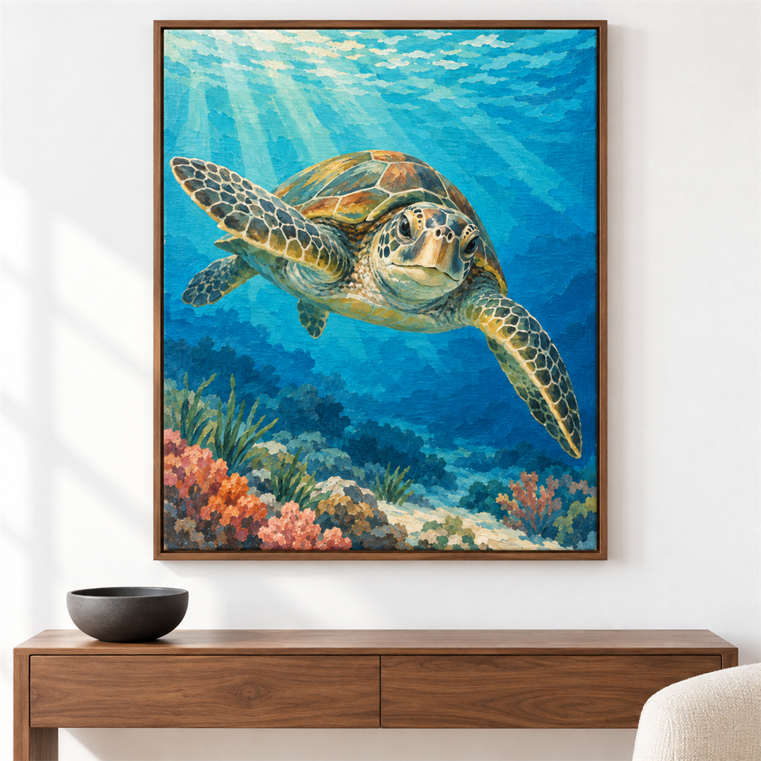 Tortuga marina turquesa — el cuadro terminado colgado en la pared