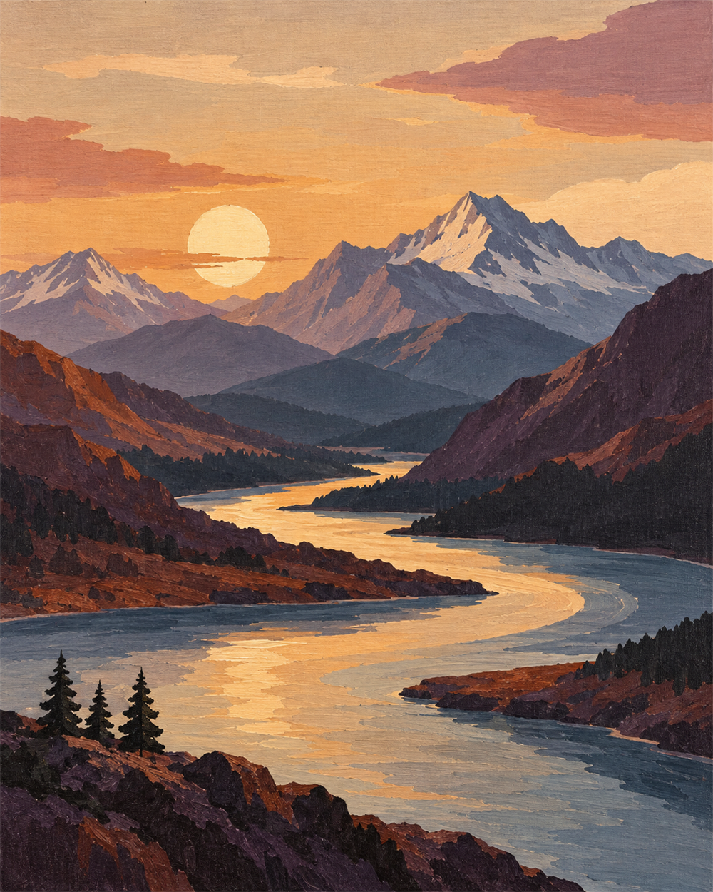 Cordillera y río — diseño del lienzo para pintar por números
