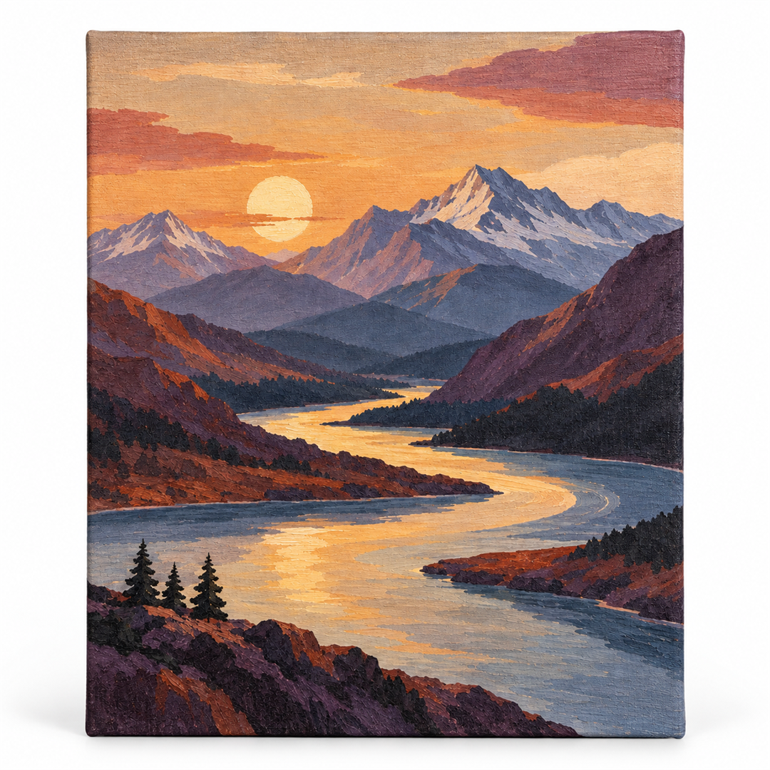Cordillera y río — lienzo terminado