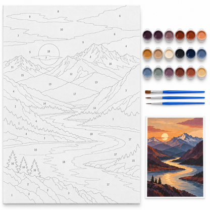 Cordillera y río — kit con lienzo numerado, pinturas y pinceles