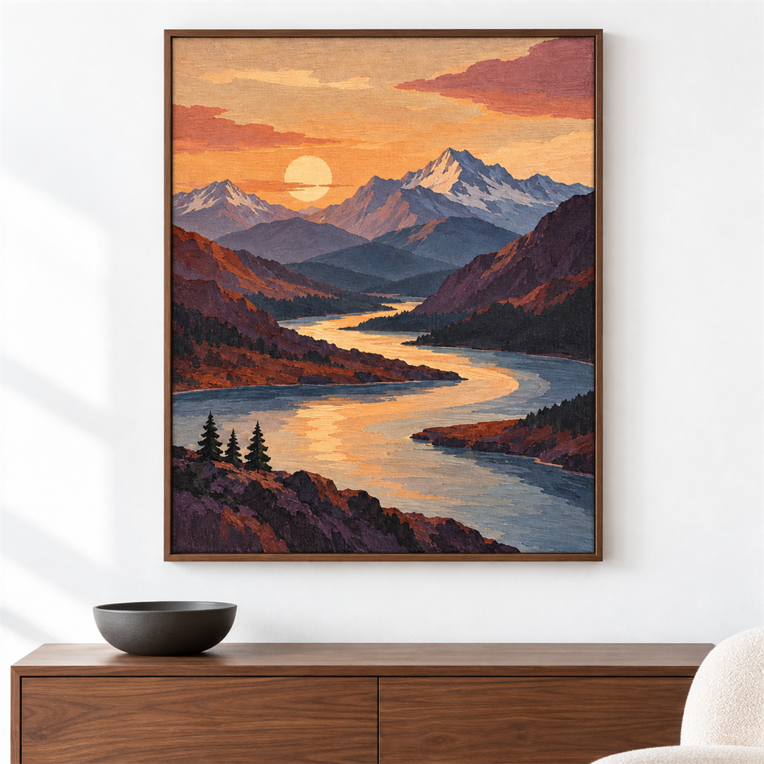Cordillera y río — el cuadro terminado colgado en la pared