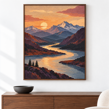 Cordillera y río — el cuadro terminado colgado en la pared