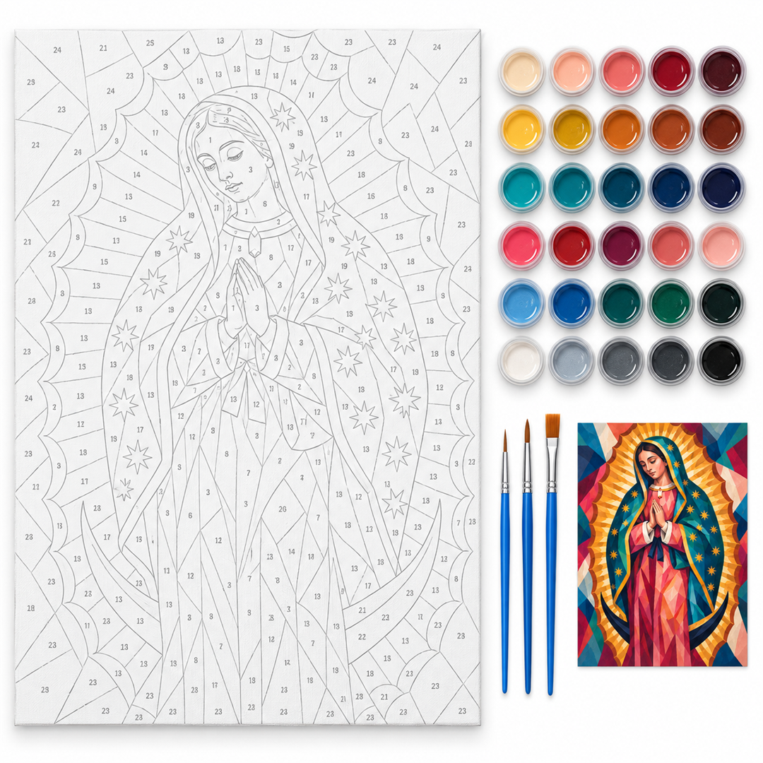 Virgen de Guadalupe pop art — kit con lienzo numerado, pinturas y pinceles