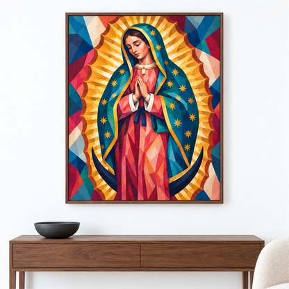 Virgen de Guadalupe pop art — el cuadro terminado colgado en la pared