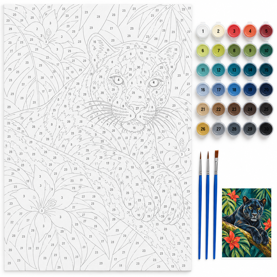 Pantera tropical — kit con lienzo numerado, pinturas y pinceles