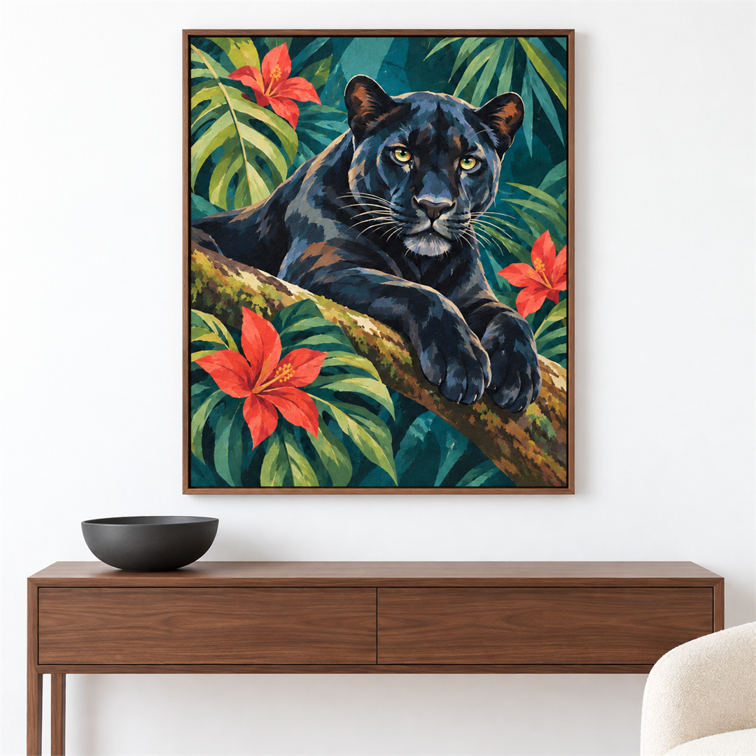 Pantera tropical — el cuadro terminado colgado en la pared