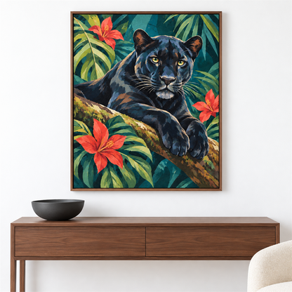 Pantera tropical — el cuadro terminado colgado en la pared