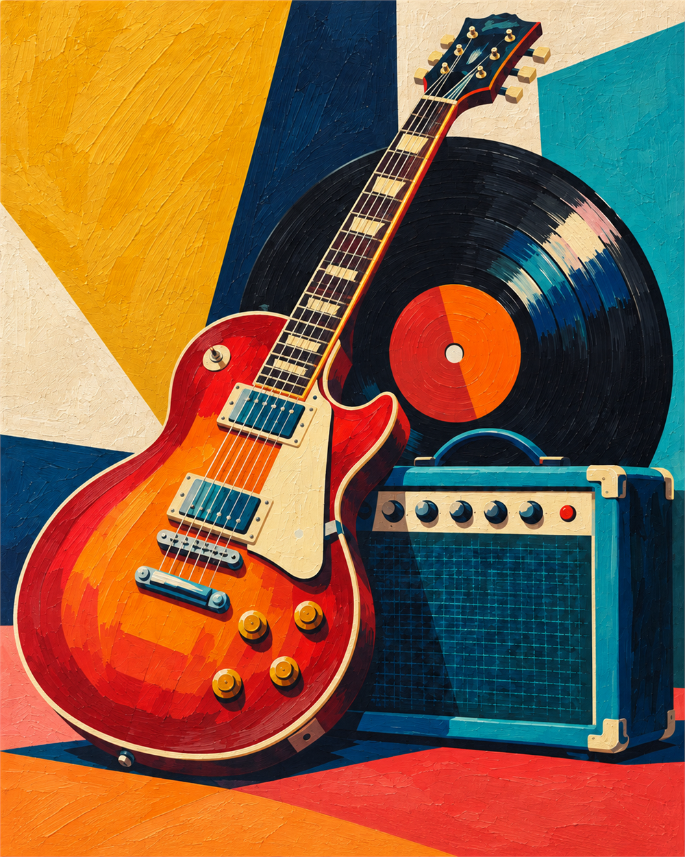 Guitarra y vinilo — diseño del lienzo para pintar por números