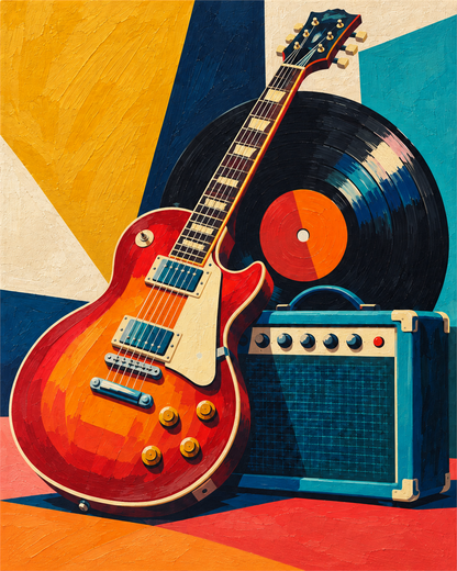 Guitarra y vinilo — diseño del lienzo para pintar por números