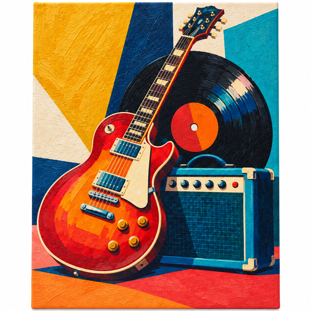 Guitarra y vinilo — lienzo terminado