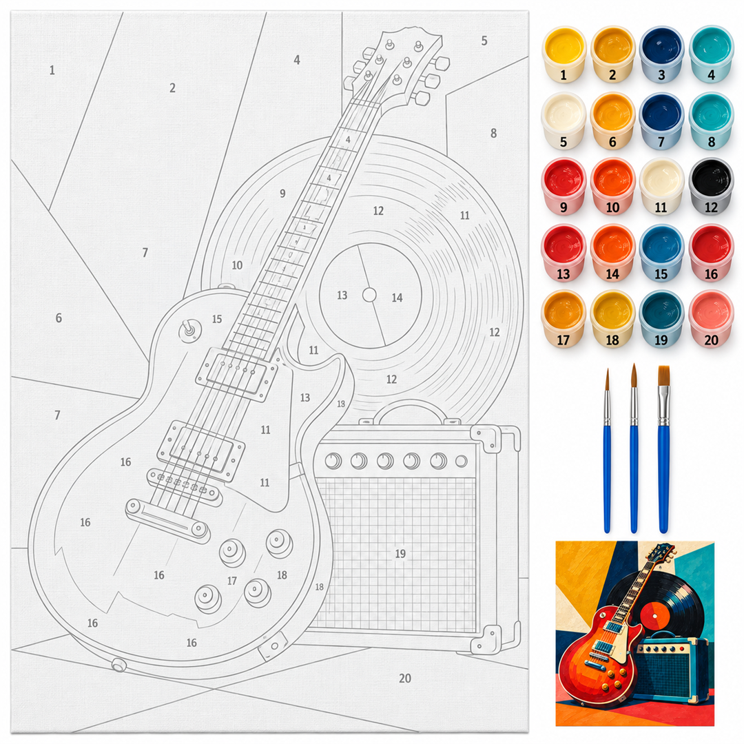 Guitarra y vinilo — kit con lienzo numerado, pinturas y pinceles