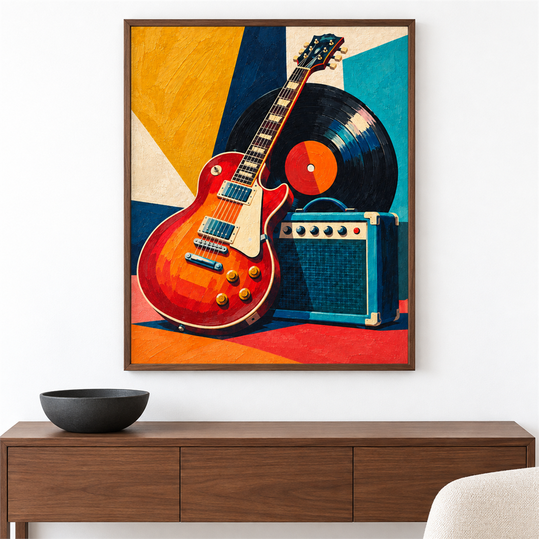 Guitarra y vinilo — el cuadro terminado colgado en la pared