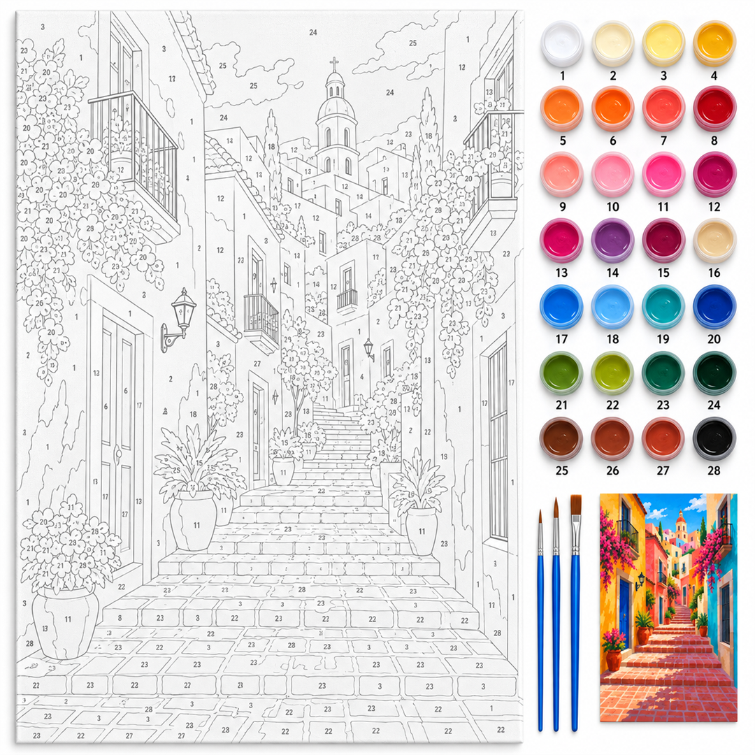 Calle mexicana de colores — kit con lienzo numerado, pinturas y pinceles