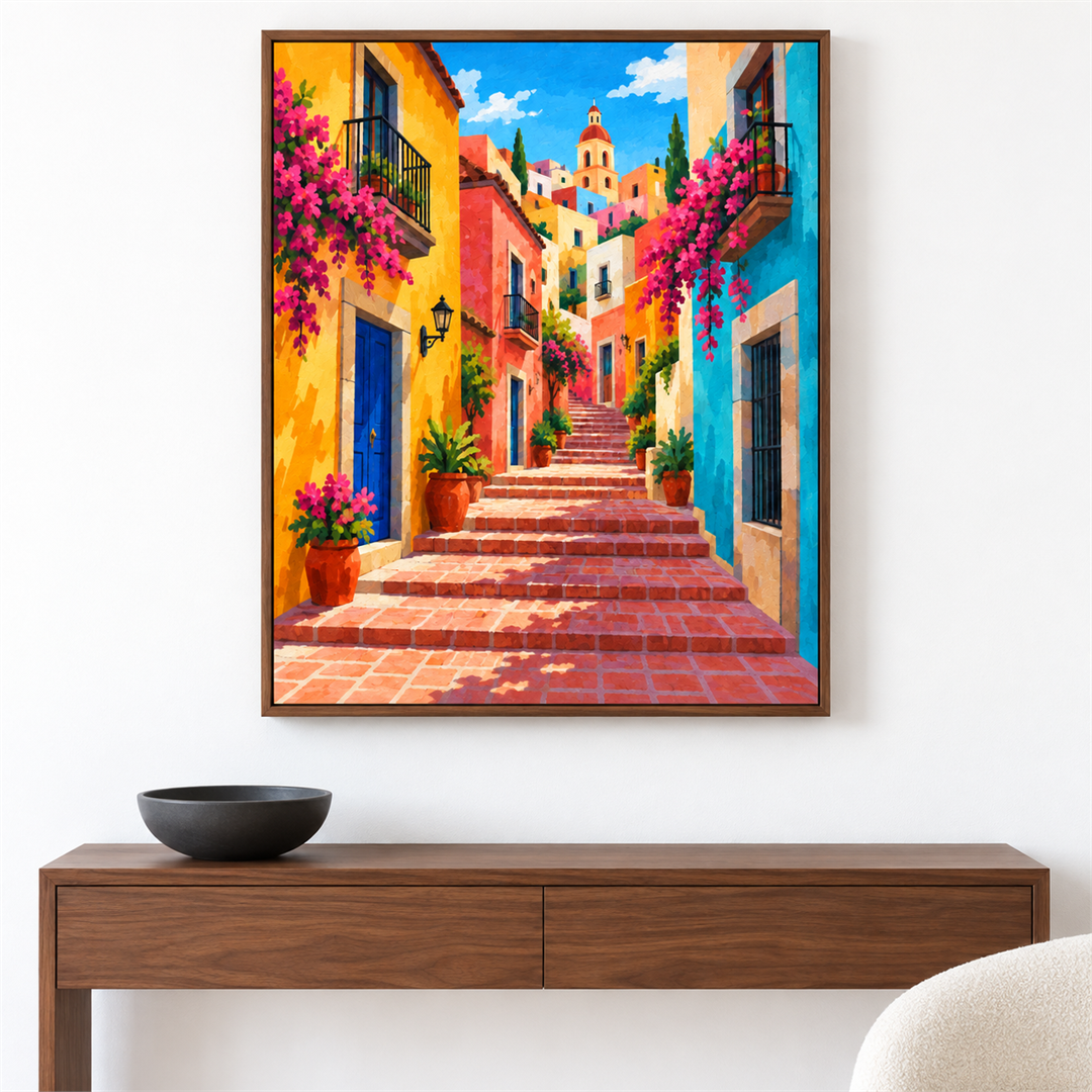 Calle mexicana de colores — el cuadro terminado colgado en la pared