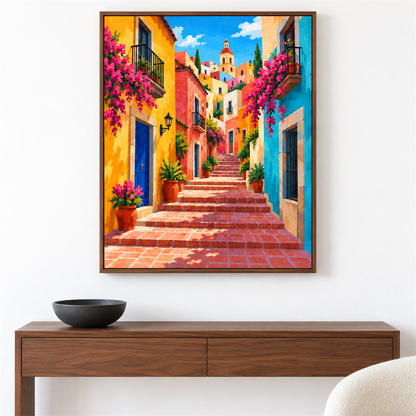 Calle mexicana de colores — el cuadro terminado colgado en la pared