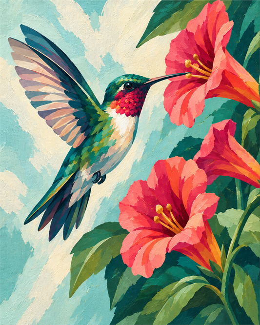 Colibrí entre flores — diseño del lienzo para pintar por números