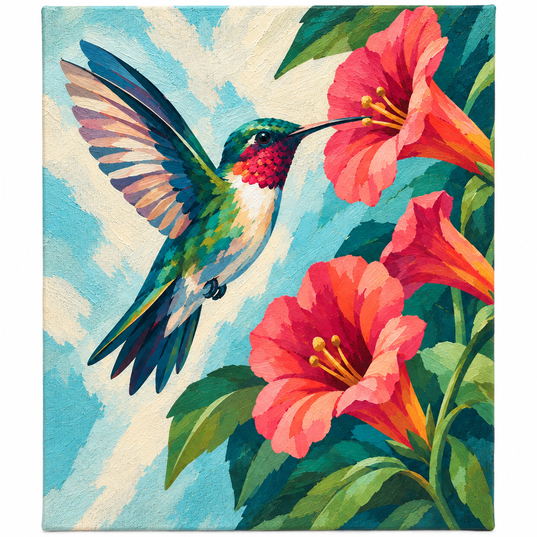 Colibrí entre flores — lienzo terminado
