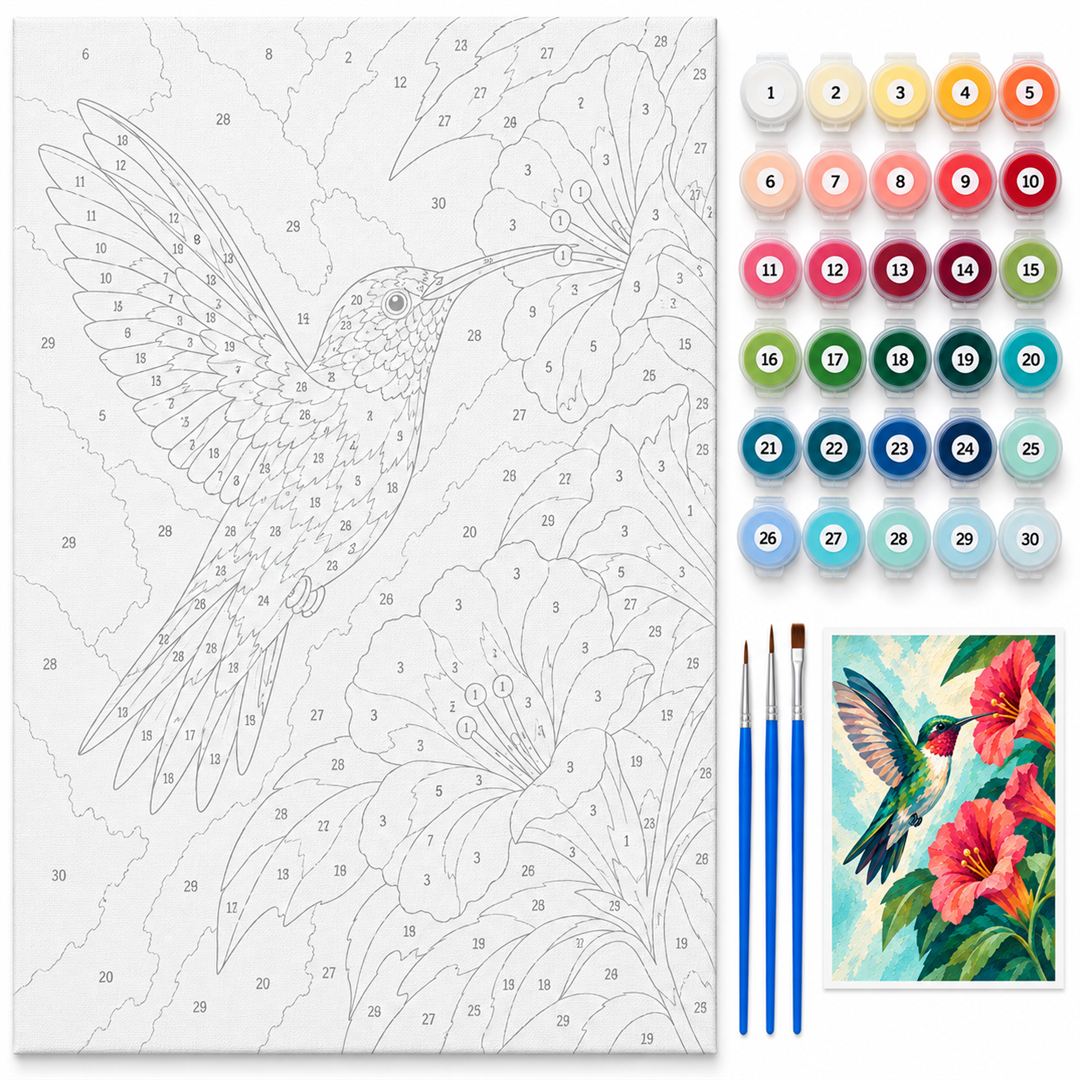 Colibrí entre flores — kit con lienzo numerado, pinturas y pinceles