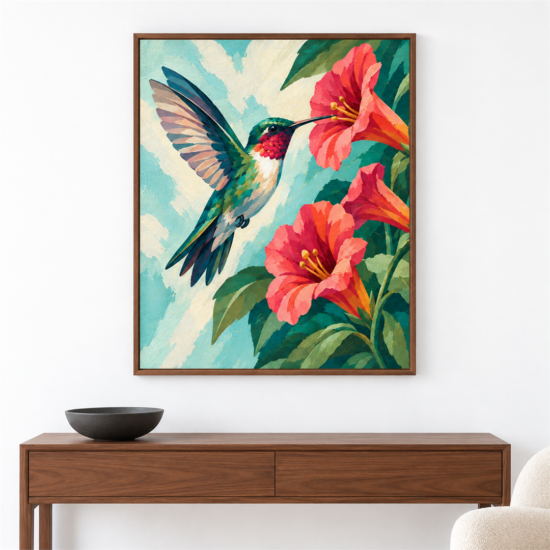 Colibrí entre flores — el cuadro terminado colgado en la pared