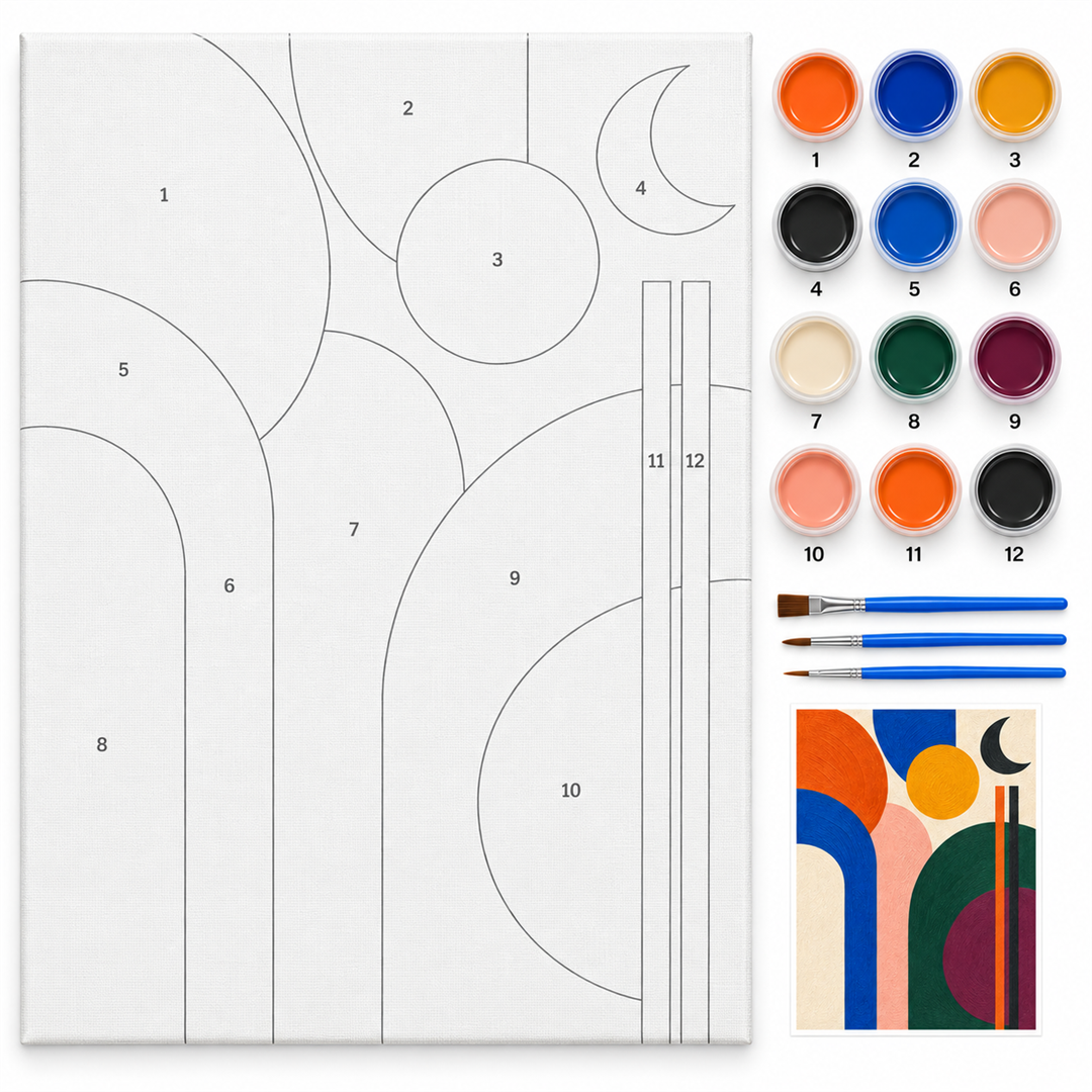 Abstracto mid-century — kit con lienzo numerado, pinturas y pinceles