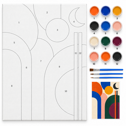 Abstracto mid-century — kit con lienzo numerado, pinturas y pinceles