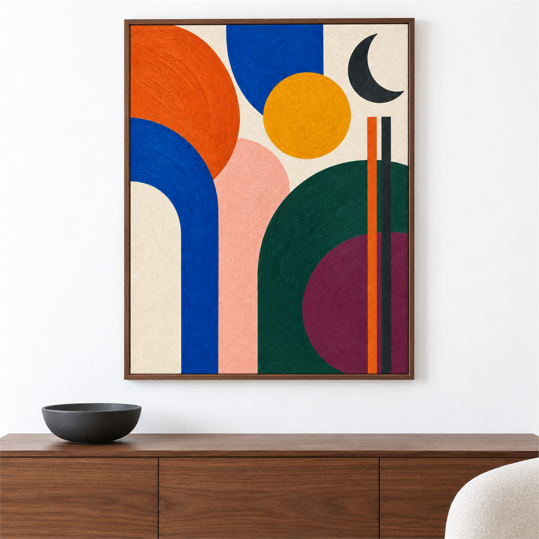 Abstracto mid-century — el cuadro terminado colgado en la pared