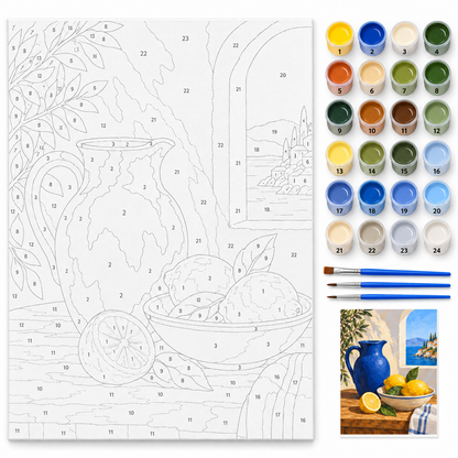Limones del Mediterráneo — kit con lienzo numerado, pinturas y pinceles