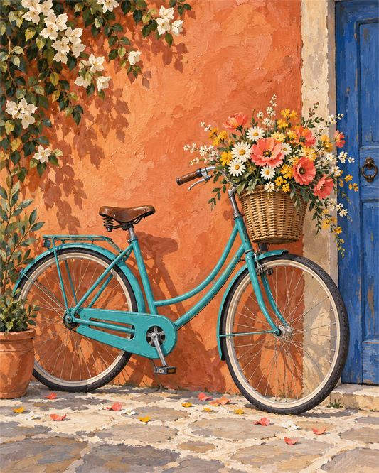 Bicicleta entre flores — diseño del lienzo para pintar por números