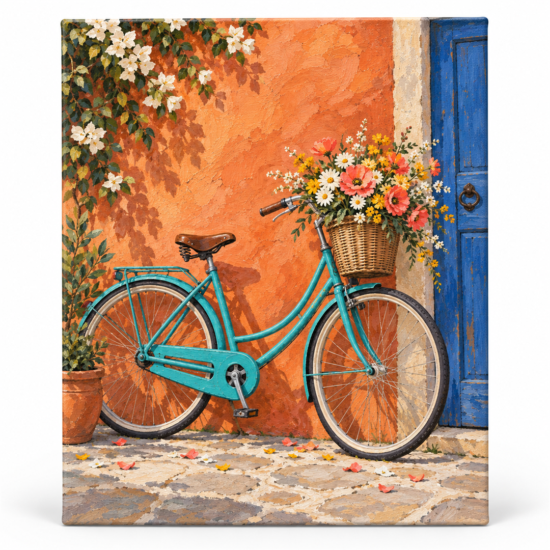 Bicicleta entre flores — lienzo terminado