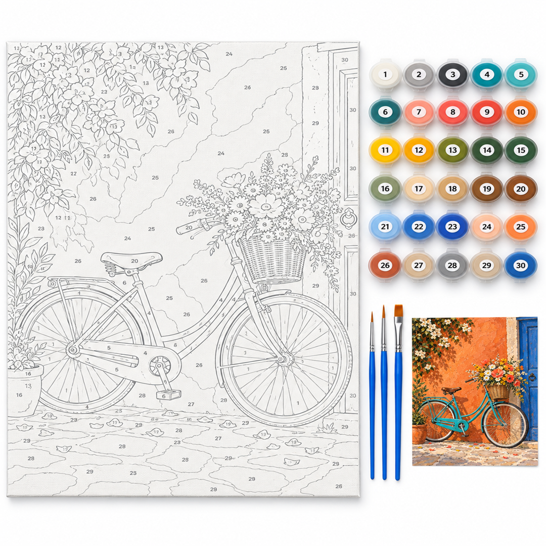Bicicleta entre flores — kit con lienzo numerado, pinturas y pinceles
