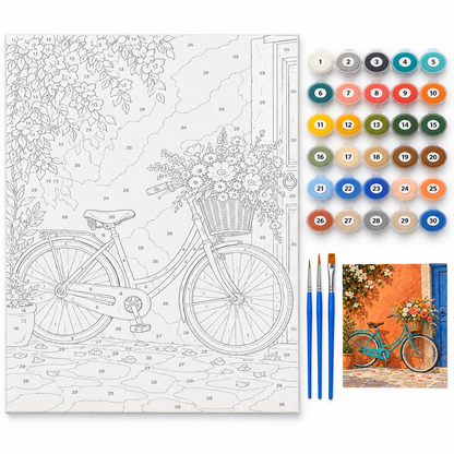 Bicicleta entre flores — kit con lienzo numerado, pinturas y pinceles
