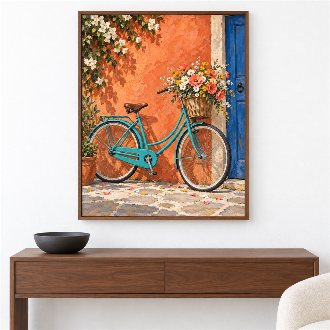 Bicicleta entre flores — el cuadro terminado colgado en la pared