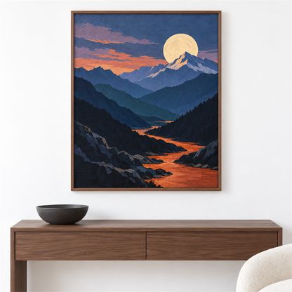 Luna sobre la cordillera — el cuadro terminado colgado en la pared