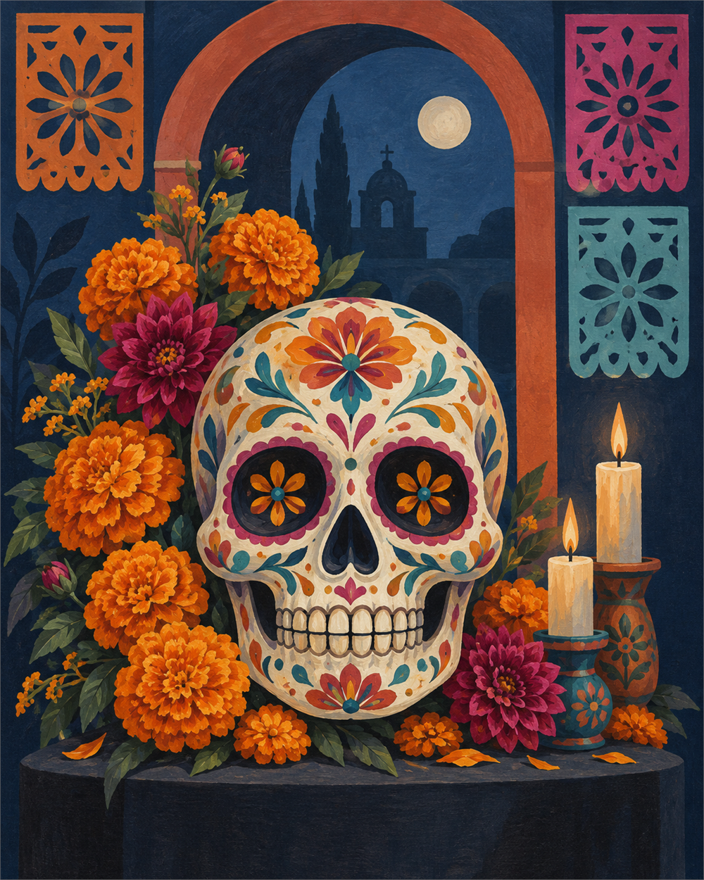 Calavera y cempasúchil — diseño del lienzo para pintar por números
