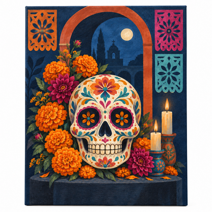 Calavera y cempasúchil — lienzo terminado
