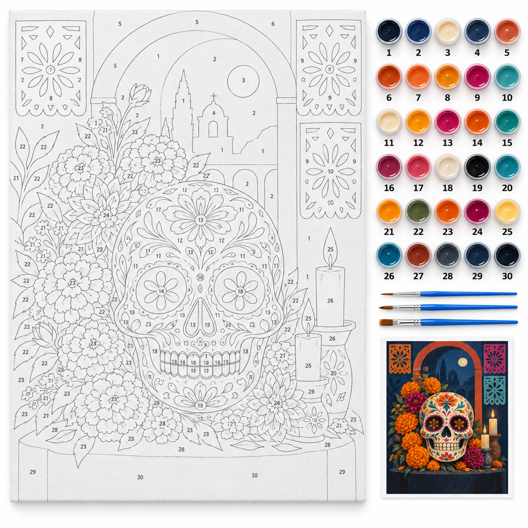 Calavera y cempasúchil — kit con lienzo numerado, pinturas y pinceles