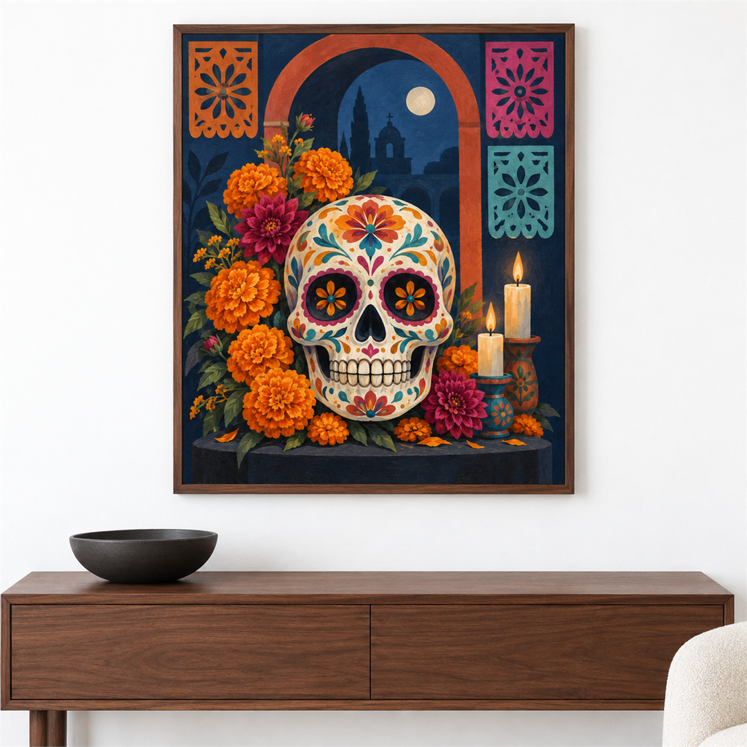 Calavera y cempasúchil — el cuadro terminado colgado en la pared