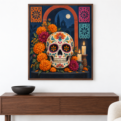 Calavera y cempasúchil — el cuadro terminado colgado en la pared