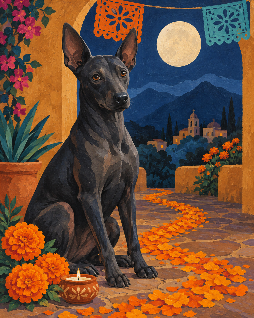 Xoloitzcuintle y cempasúchil — diseño del lienzo para pintar por números