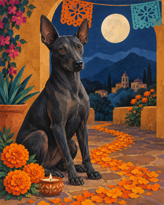 Xoloitzcuintle y cempasúchil — diseño del lienzo para pintar por números