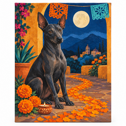Xoloitzcuintle y cempasúchil — lienzo terminado