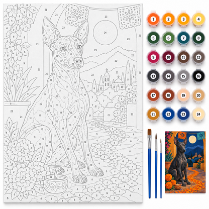 Xoloitzcuintle y cempasúchil — kit con lienzo numerado, pinturas y pinceles