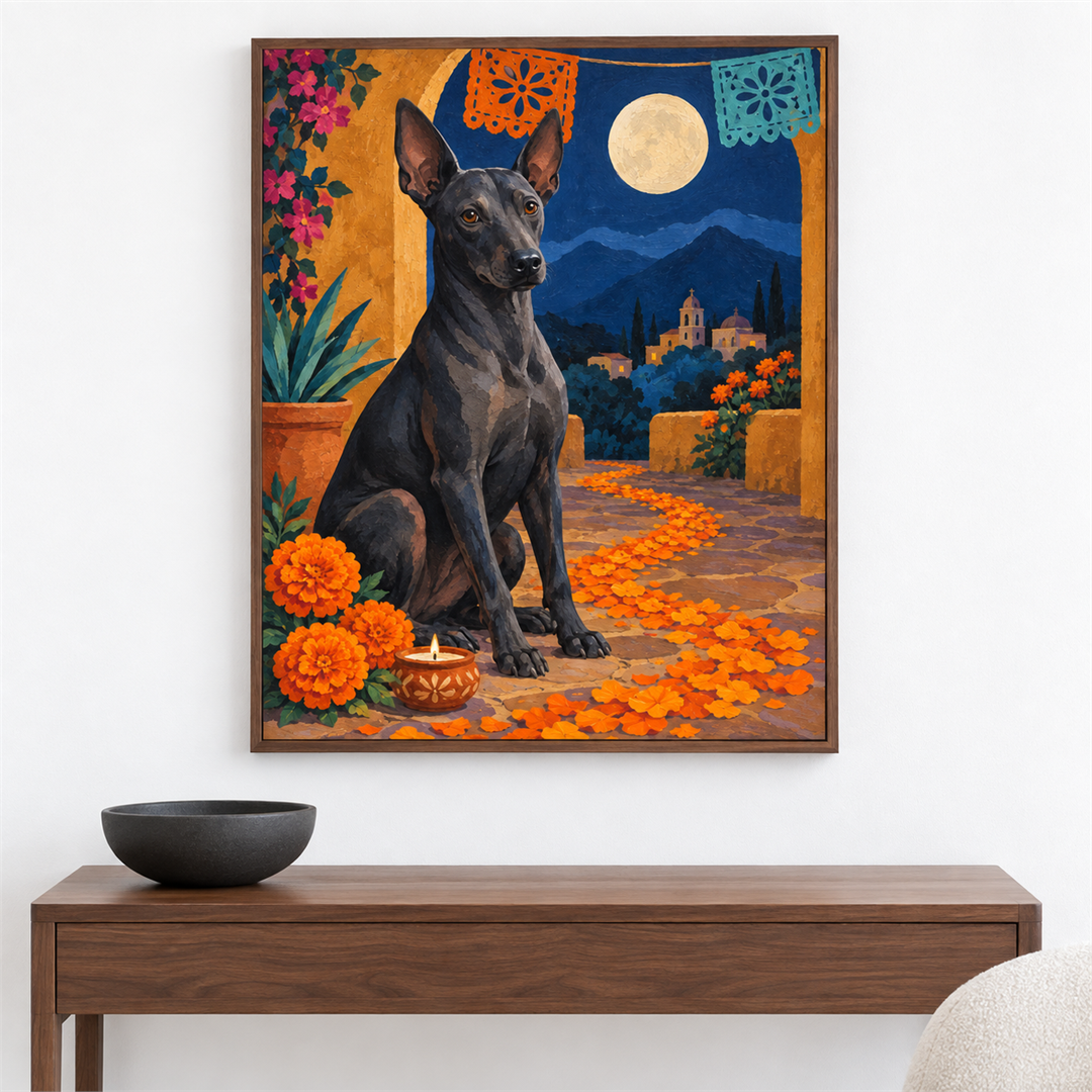 Xoloitzcuintle y cempasúchil — el cuadro terminado colgado en la pared