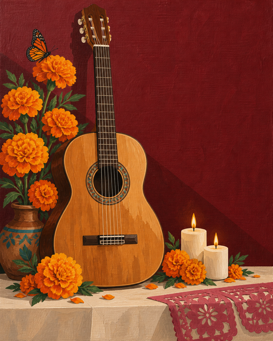 Guitarra entre cempasúchiles — diseño del lienzo para pintar por números