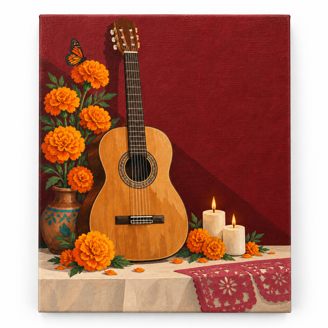 Guitarra entre cempasúchiles — lienzo terminado