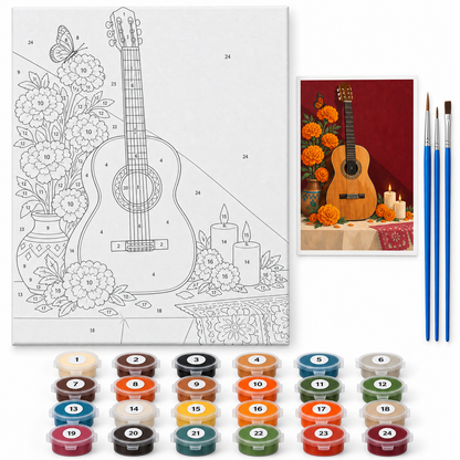 Guitarra entre cempasúchiles — kit con lienzo numerado, pinturas y pinceles
