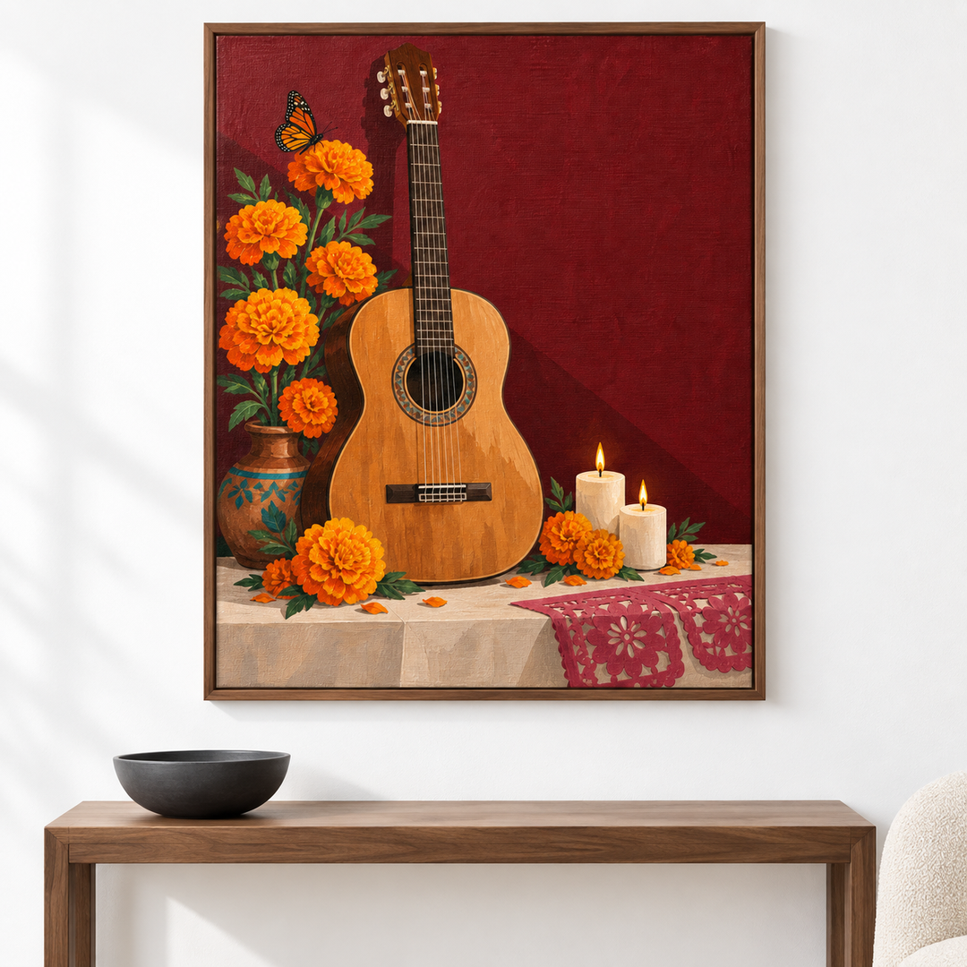 Guitarra entre cempasúchiles — el cuadro terminado colgado en la pared