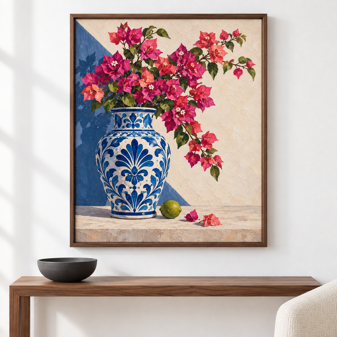 Talavera y bugambilia — el cuadro terminado colgado en la pared